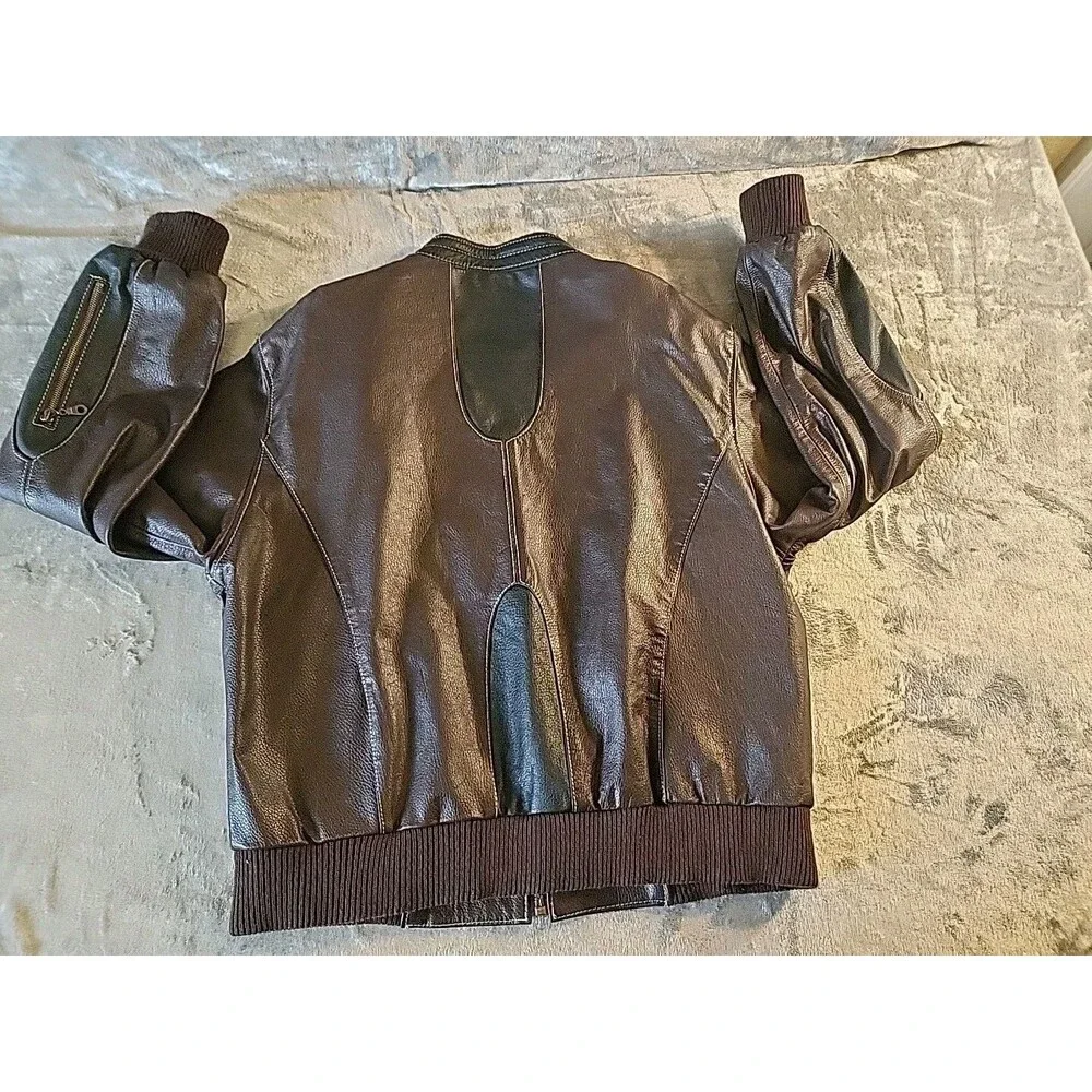 Novin Leather Jacket Men's Large  Brown  Black White Threading Inside Pockets
